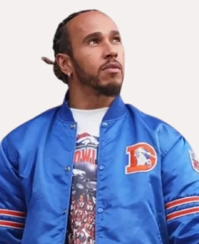 Lewis Hamilton Broncos Starter Varsity Satin Jacket Front View - Trendy Leather Jackets