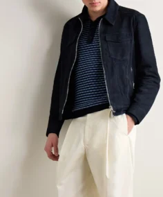 MR P Trucker Blue Suede Jacket Front - Trendy Leather Jackets