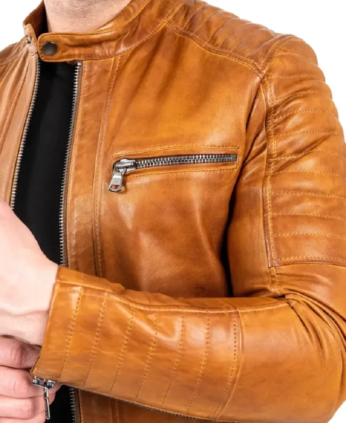 Maceoo Brown Leather Motorcycle jacket Closeup - Trendy Leather Jackets