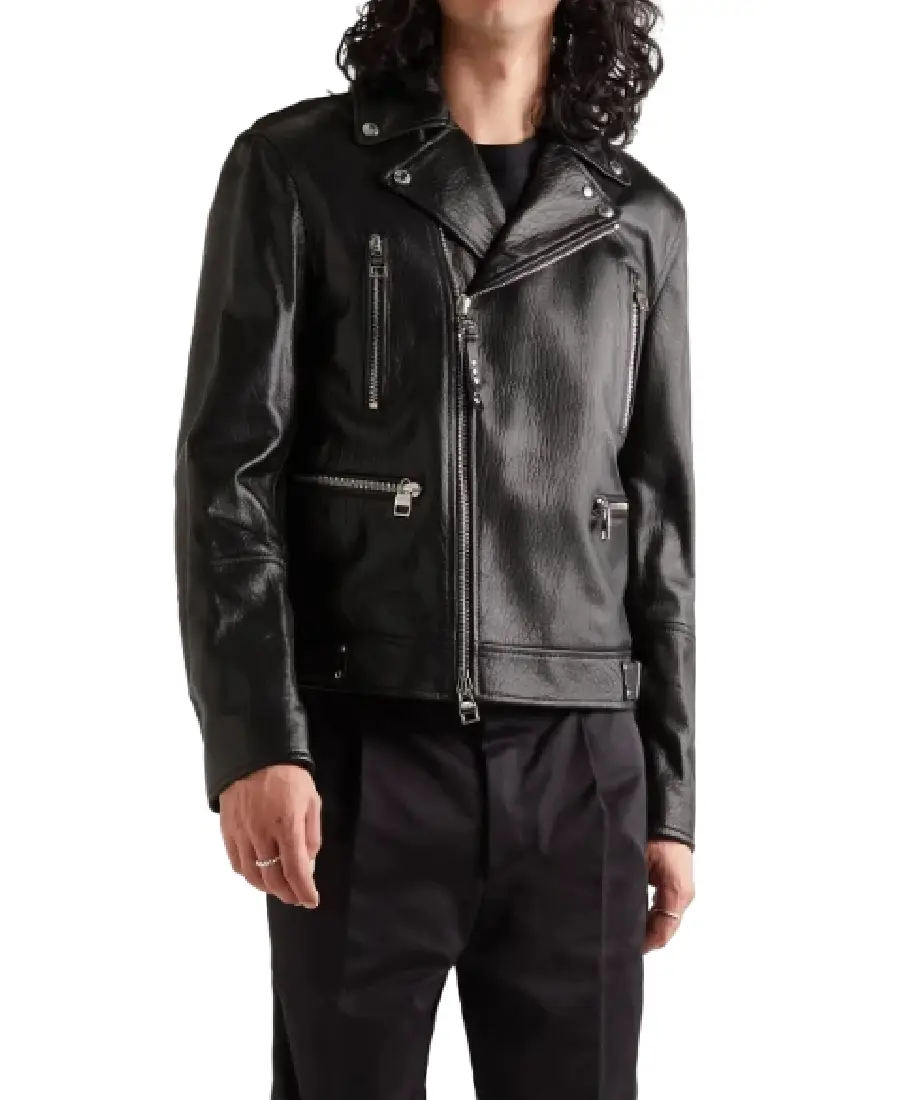 Men’s Black Biker Slim Fit Leather Jacketfront View