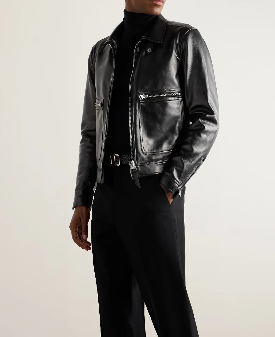 Men's Black Faux Leather Jacket Front - Trendy Leather Jackets