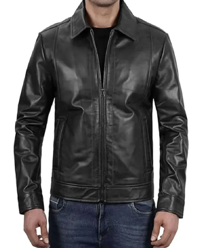 Men's John Black Biker Leather Jacket Front Closure View - Trendy Leather Jackets