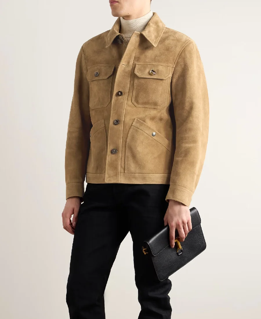 Men's Light Brown Suede Leather Jacket Front - Trendy Leather Jackets