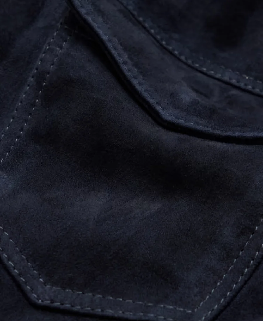 Men'S Navy Trucker Suede Jacket 5 Men'S Navy Trucker Suede Jacket - Trendy Leather Jacketscloseup