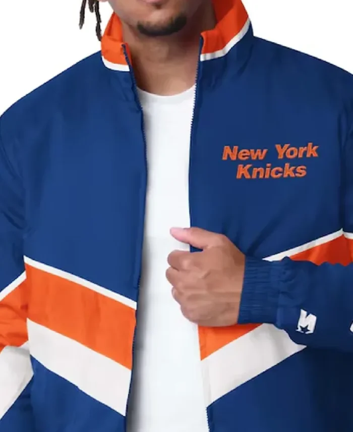 New York Knicks Captain Royal Varsity Satin Jacket Closeup - Trendy Leather Jackets