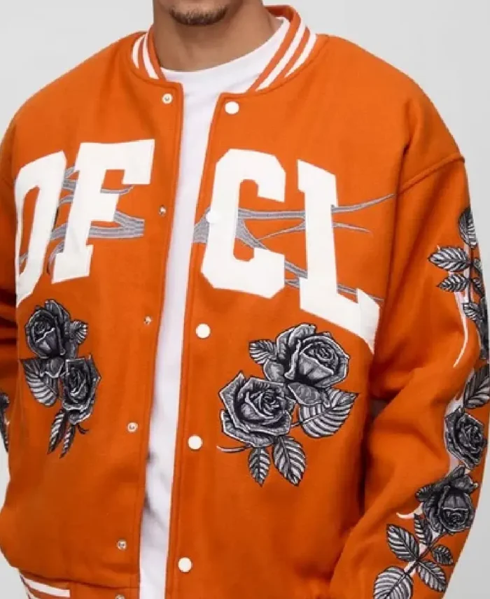 Ofcl Rose Orange Varsity Jacket Closeup - Trendy Leather Jackets