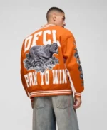 Ofcl Rose Orange Varsity Jacket side view - Trendy Leather Jackets