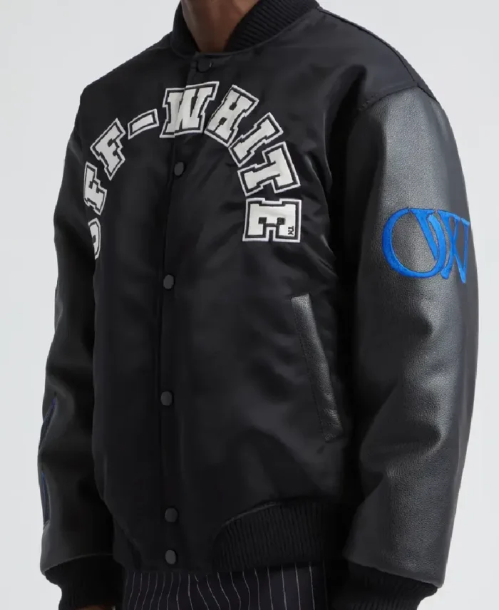 Off White Nylon & Leather Varsity Jacket Side - Trendy Leather Jackets