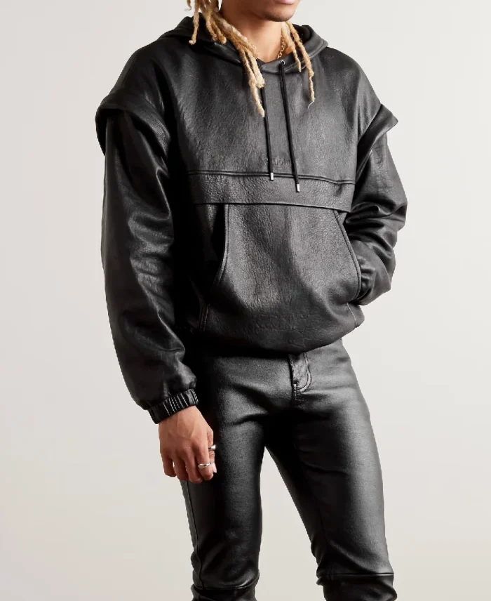 Saint Laurent Logo Embossed Textured Leather Hoodie Front - Trendy Leather Jackets