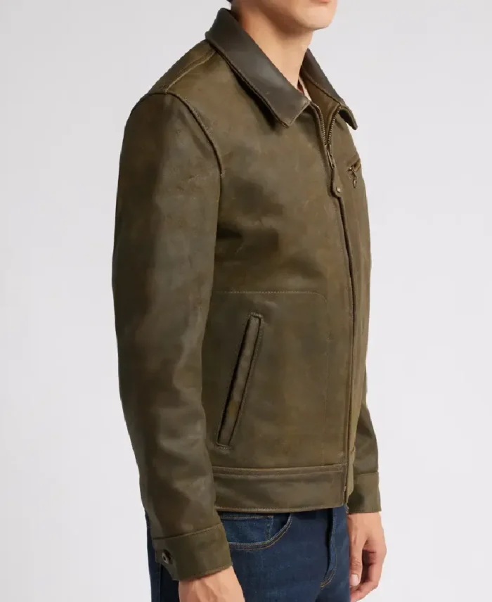 Schott NYC Olive Mens leather jacket Side - Trendy Leather Jackets