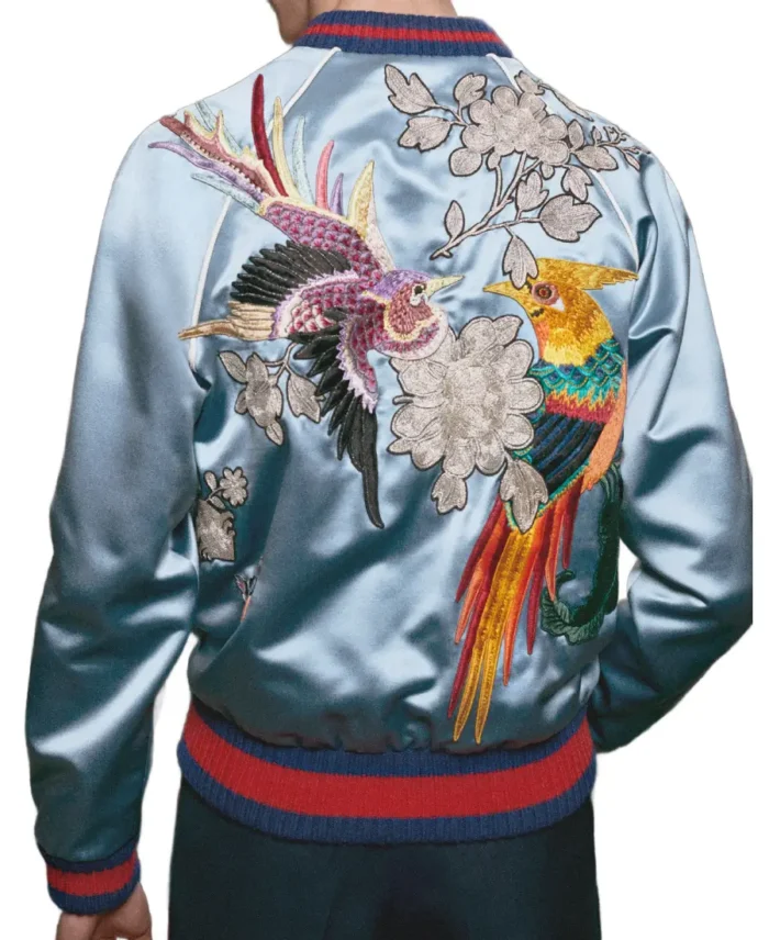 Shop The GUCCI Blue Embroidered Silk Bomber Jacket - Trendy Leather Jackets