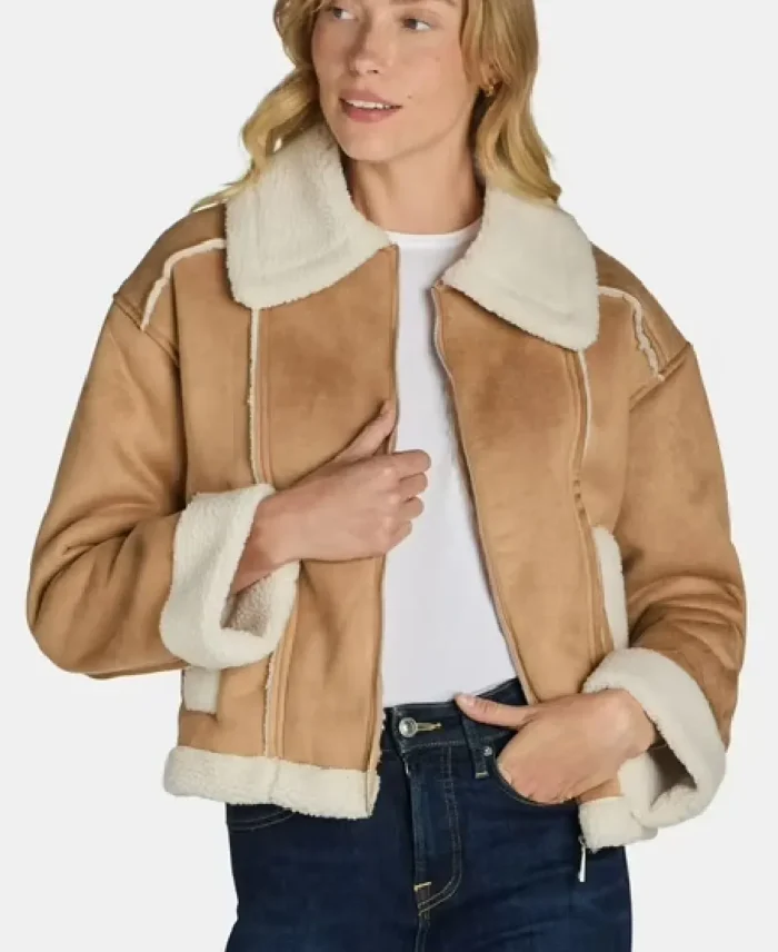 Time and Tru Bonded Faux Shearling Bomber Brown Jacket - Trendy Leather Jackets