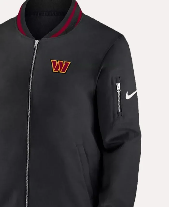 Washington Commanders Black Bomber Jacket Closeup - Trendy Leather Jackets