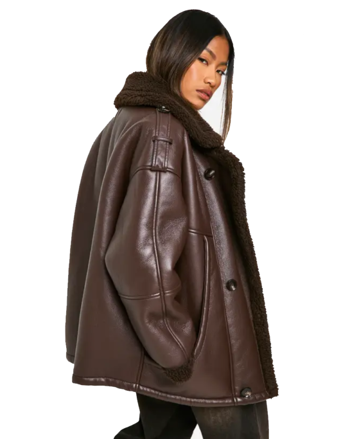 Women Bonded Faux Leather Aviator Jacket Back