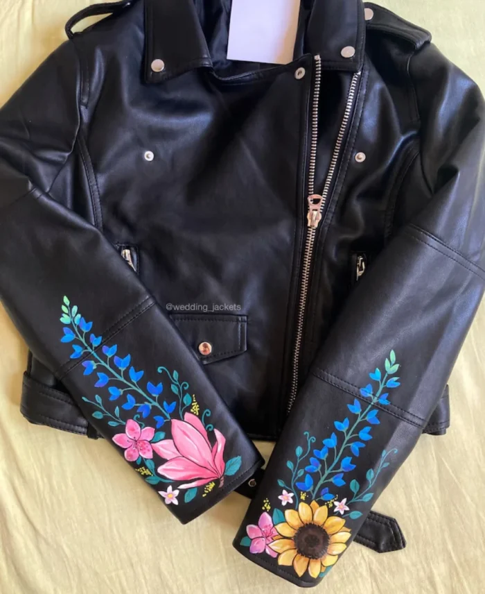 Women's painted Sunflower Sleeves Black Leather Jacket Front - Trendy Leather Jackets