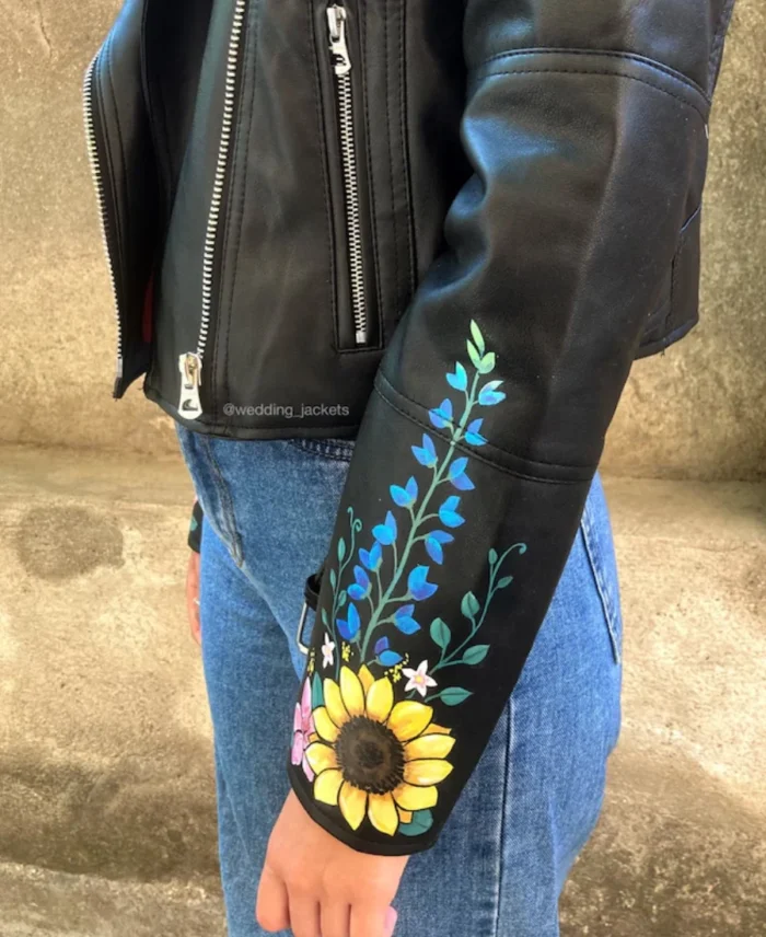 Women's painted Sunflower Sleeves Black Leather Jacket Sleeve View - Trendy Leather Jackets