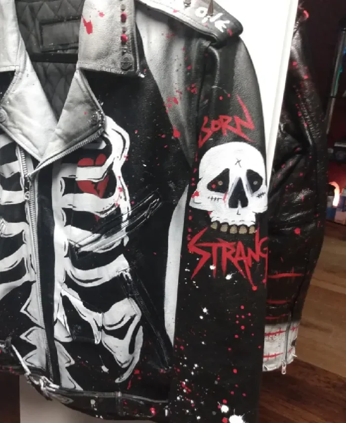 Alone Skull Studded Leather Jacket Closeup - Trendy Leather Jacket