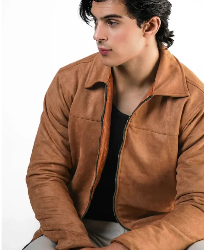 Avant Garde Suede Leather Camel Jacket Closeup - Trendy Leather Jackets