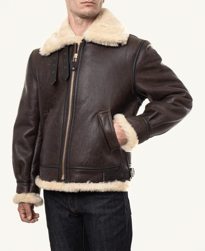 Classic Brown Sheepskin B3 Bomber Shearling Jacket Side View - Trendy Leather Jackets