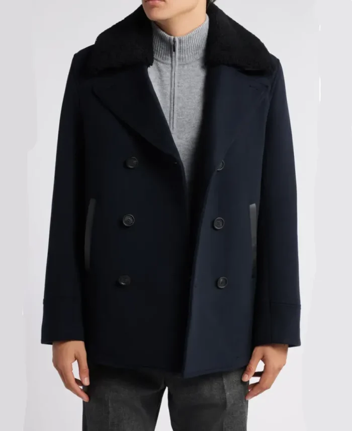 Cole Wool Double-Breasted Shearling Peacoat - Trendy Leather Jacket