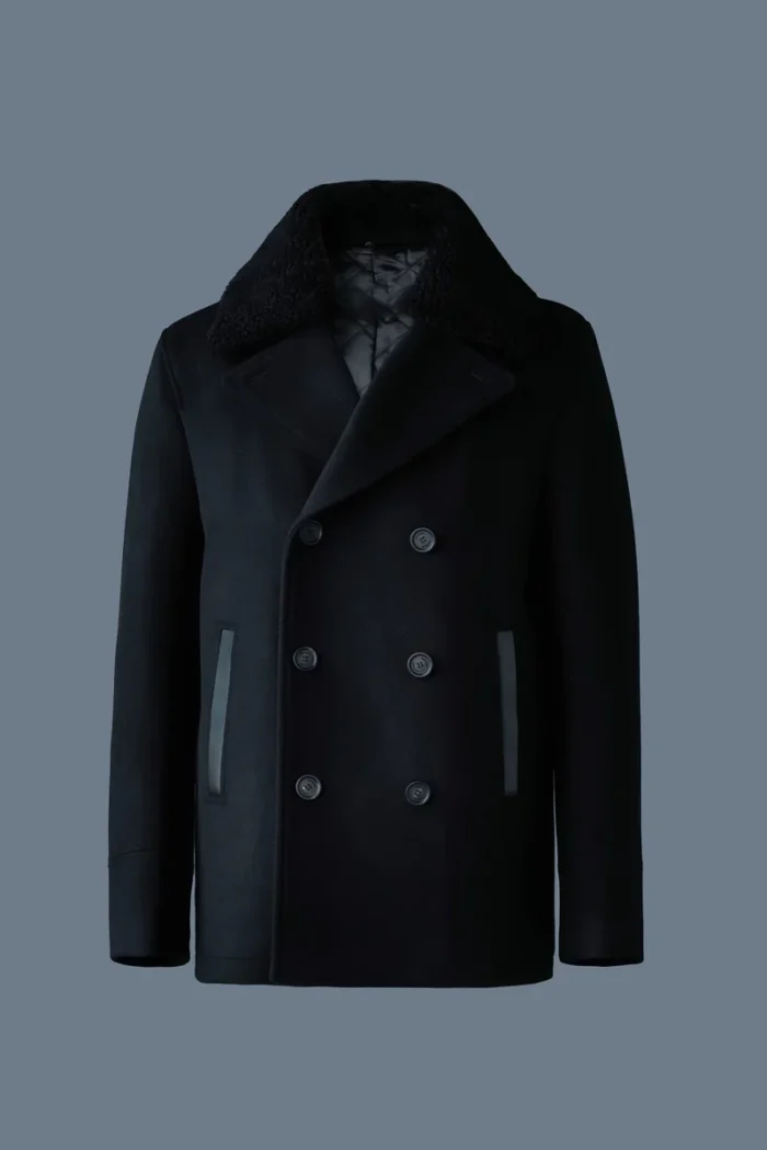 Cole Wool Double-Breasted Shearling Peacoat Blue - Trendy Leather Jacket