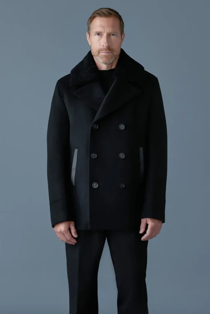 Cole Wool Double-Breasted Shearling Peacoat Blue Front - Trendy Leather Jacket