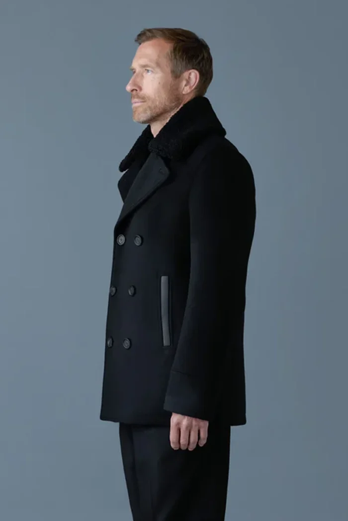 Cole Wool Double-Breasted Shearling Peacoat Blue Side - Trendy Leather Jacket