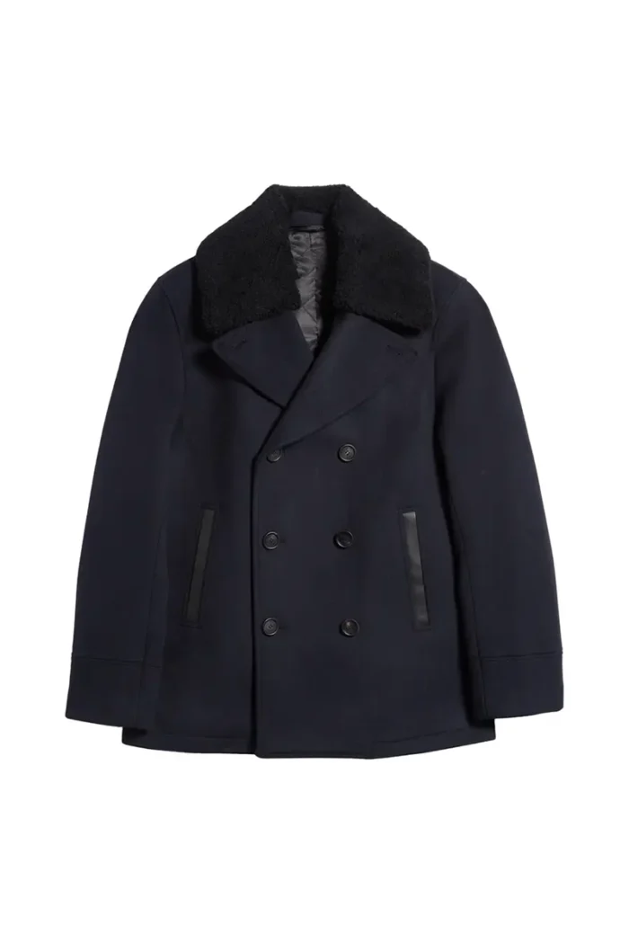 Cole Wool Double-Breasted Shearling Peacoat Front - Trendy Leather Jacket