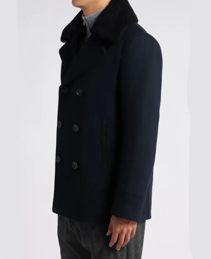 Cole Wool Double-Breasted Shearling Peacoat Side - Trendy Leather Jacket