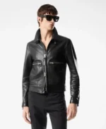 Grain Blouson Contrast Leather Jacket Front - Trendy Leather Jackets