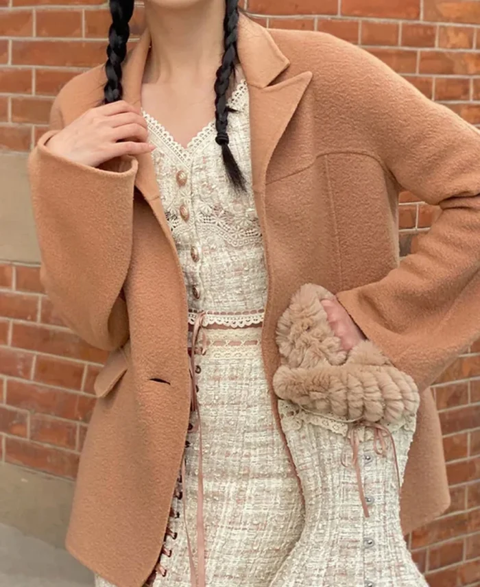 Lace Made Autumn Apricot Wool Coat - Trendy Leather Jacket