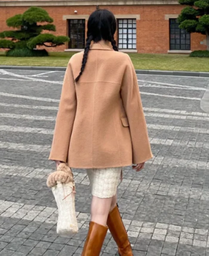 Lace Made Autumn Apricot Wool Coat Back View - Trendy Leather Jacket