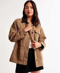 Mid-Length Twill Workwear Jacket Brown Front - Trendy Leather Jackets