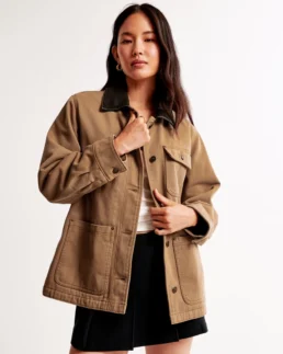 Mid-Length Twill Workwear Jacket Brown Front - Trendy Leather Jackets