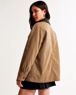 Mid-Length Twill Workwear Jacket Brown Side - Trendy Leather Jackets