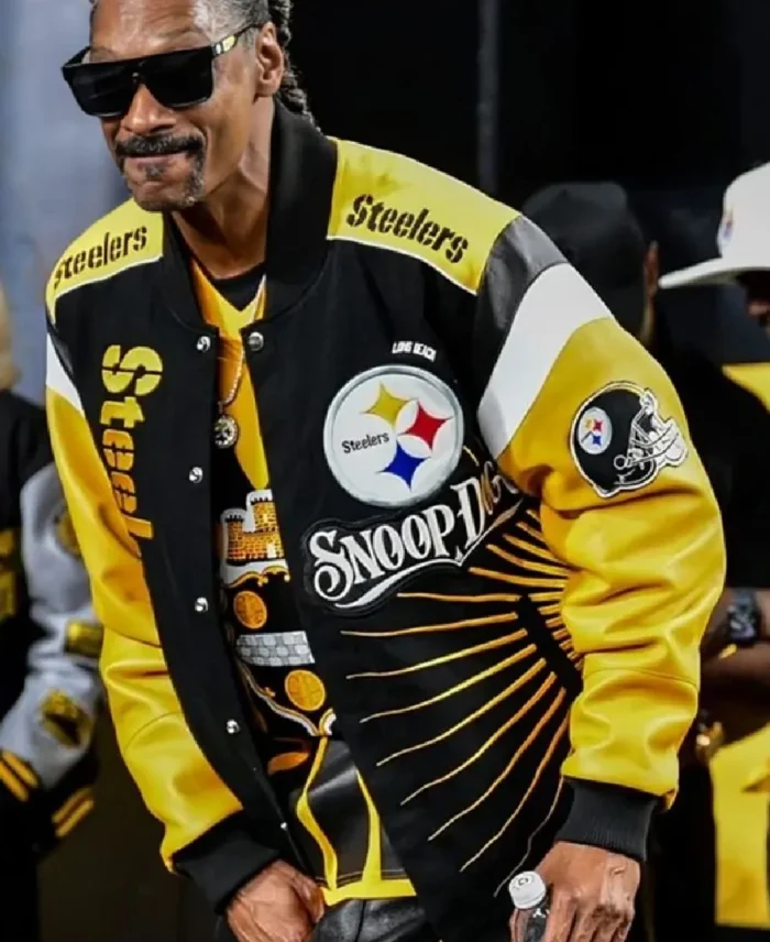 NFL Snoop Dogg Pittsburgh Steelers Varsity Jacket Closeup - Trendy Leather Jackets