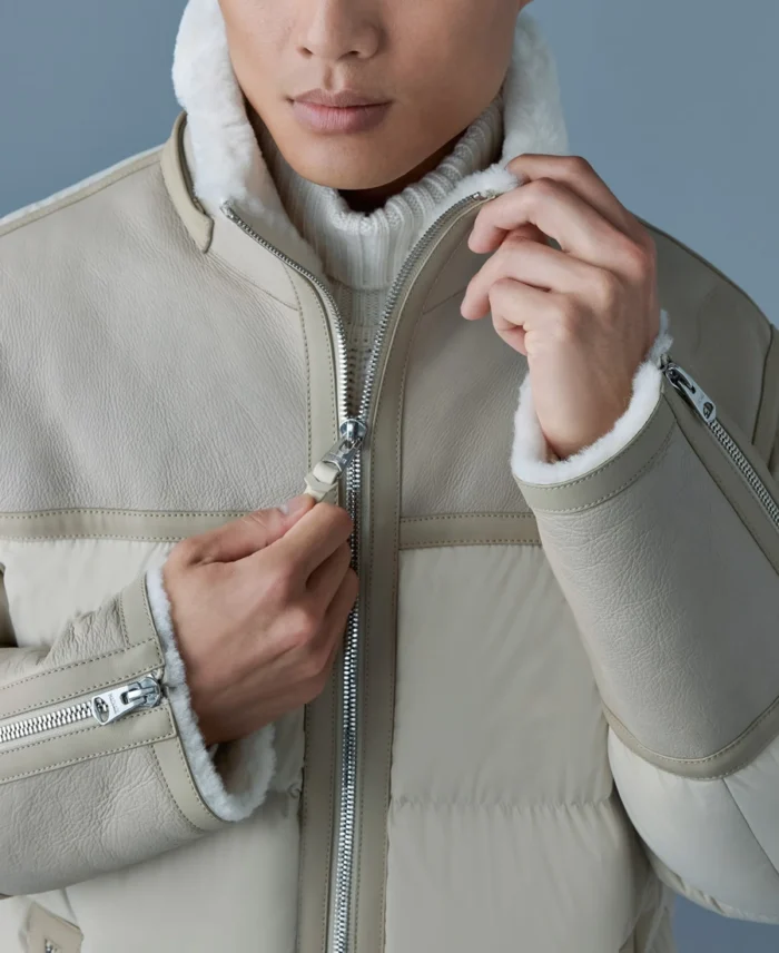 NICHOLAS Mixed-media shearling Puffer Jacket Off White Close Up - Trendy Leather Jackets