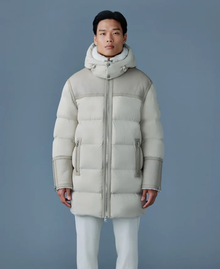 NICHOLAS Mixed-media shearling Puffer Jacket Off White Front - Trendy Leather Jackets