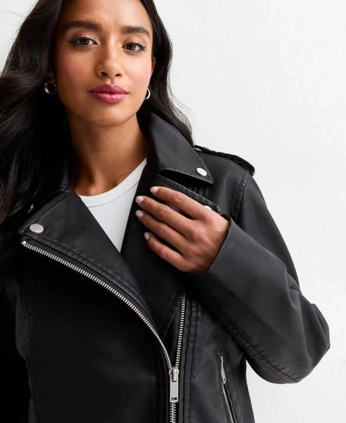 Petite Black Leather Biker Jacket Close Up - Trendy Leather Jackets