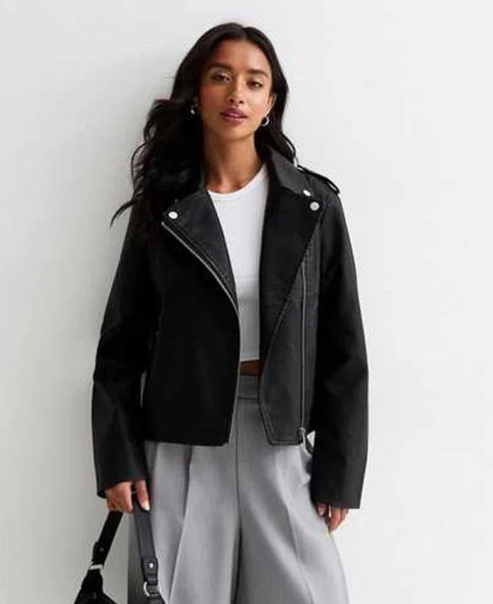 Petite Black Leather Biker Jacket Front - Trendy Leather Jackets