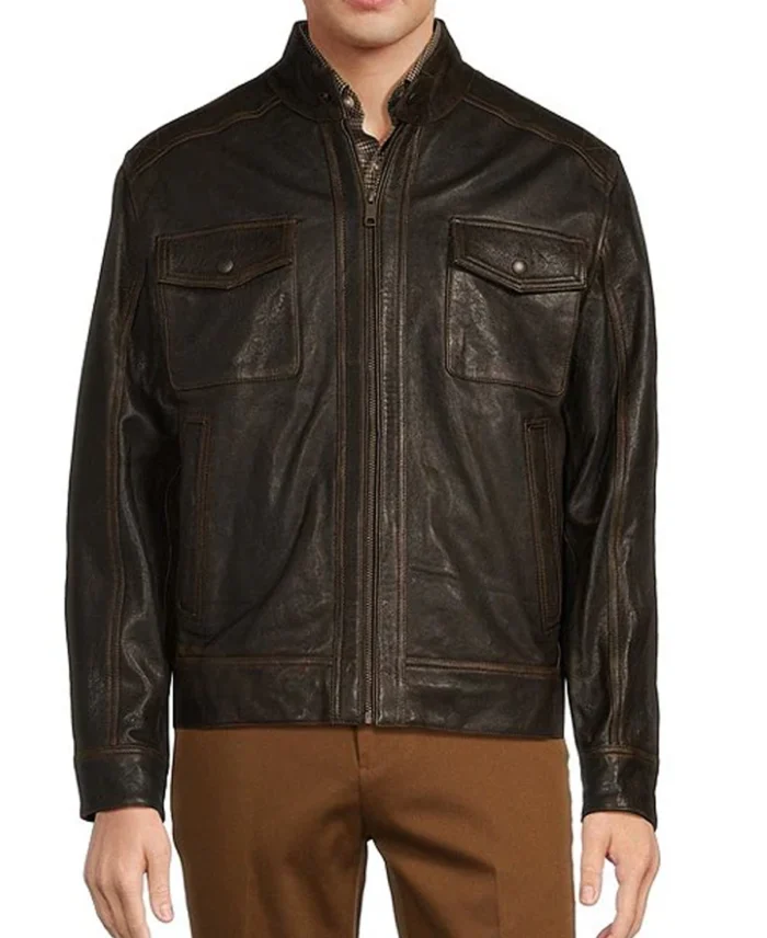 Roundtree & Yorke Big Tall Distressed Leather Jacket Front - Trendy Leather Jacket