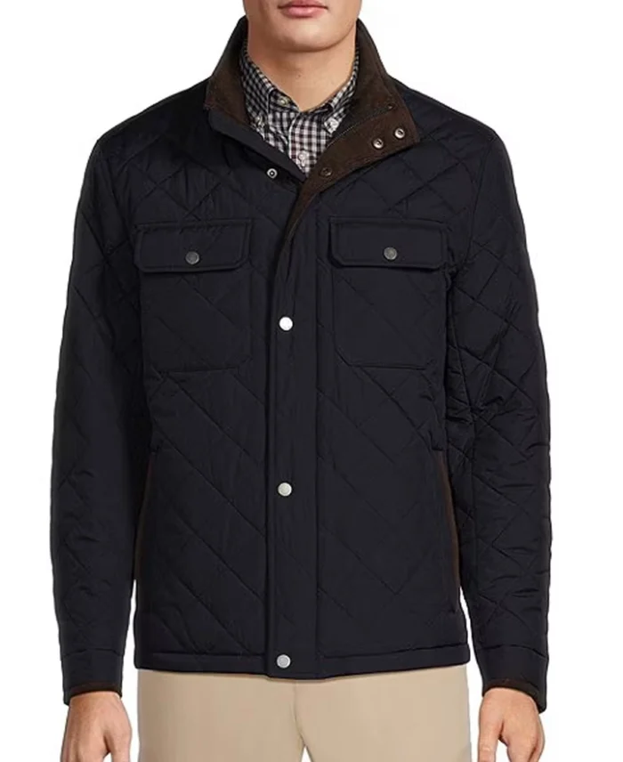 Roundtree & Yorke Diamond Quilted Pattern Jacket Navy Front - Trendy Leather Jacket