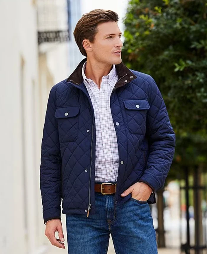 Roundtree & Yorke Diamond Quilted Pattern Jacket Navy Front View - Trendy Leather Jacket