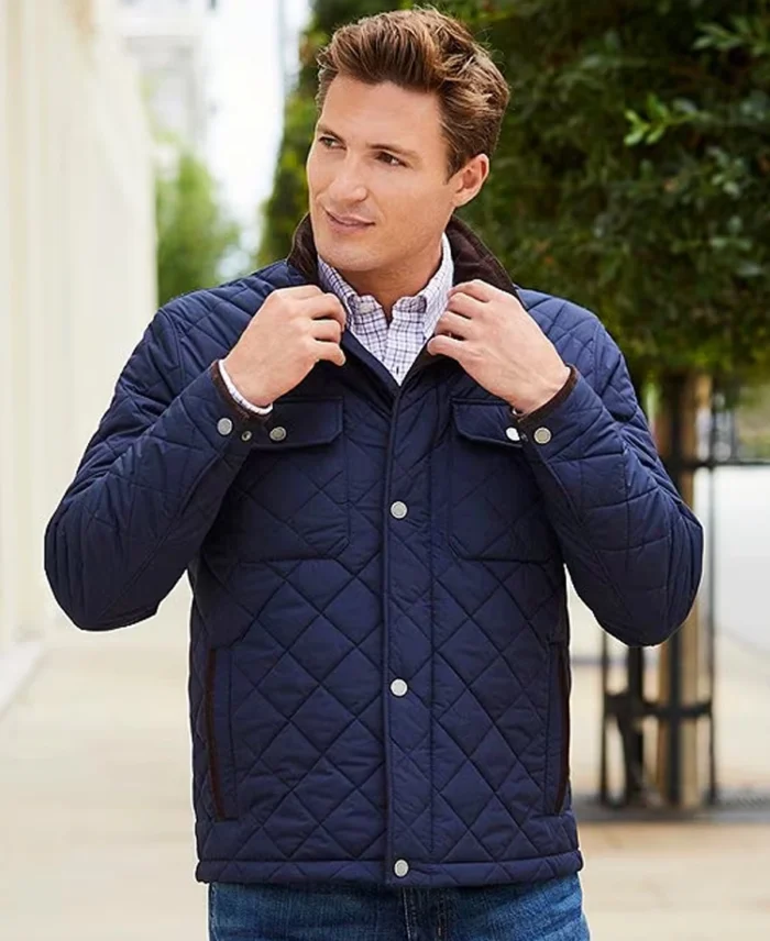 Roundtree & Yorke Diamond Quilted Pattern Jacket Navy Side - Trendy Leather Jacket