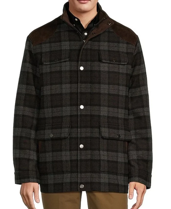 Roundtree & Yorke Plaid Wool Blend Jacket Front - Trendy Leather Jacket