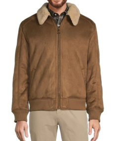 Roundtree & Yorke Sherpa Collar Faux Leather Bomber Jacket Front - Trendy Leather Jacket