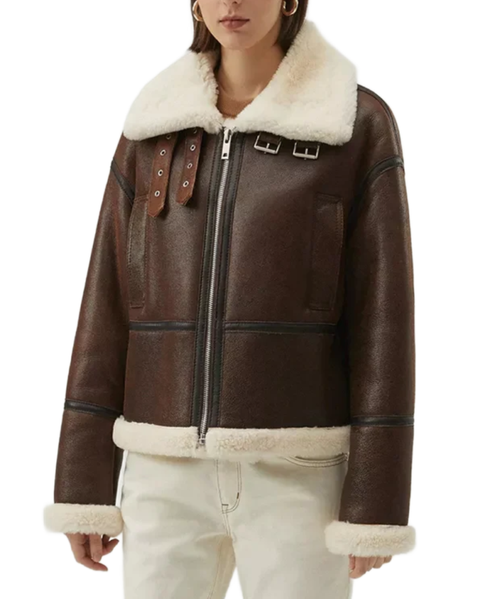 Shop Women's Oversized Shearling Brown Aviator Jacket
