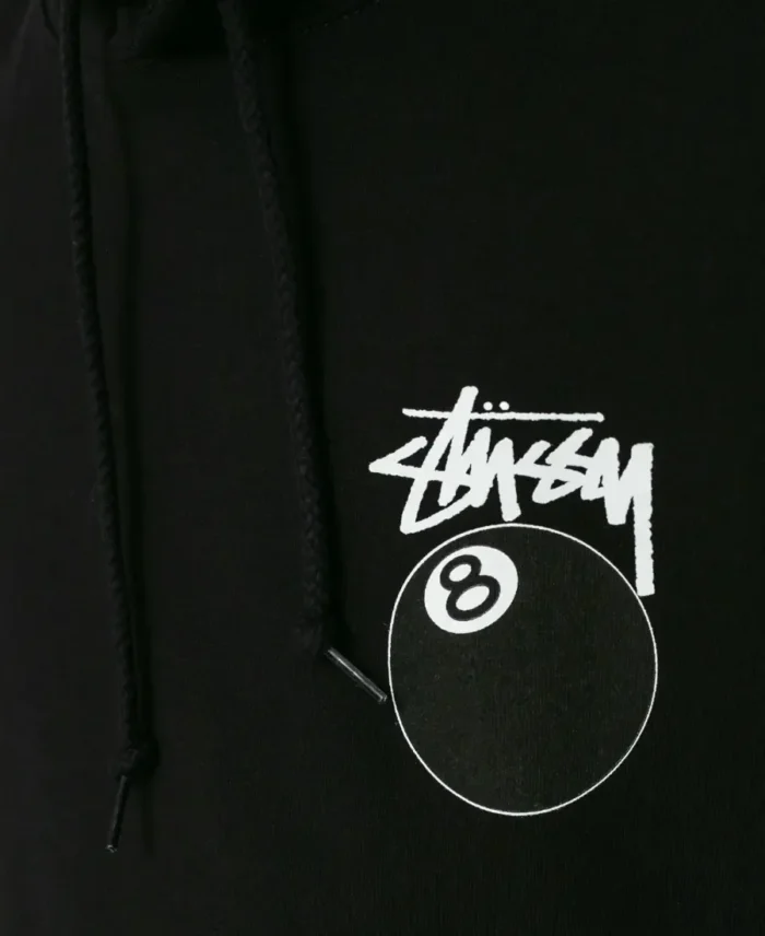 Stussy 8 Ball Black Hoodie Closeup - Trendy Leather Jackets