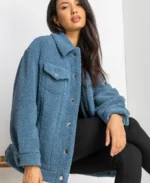 Women Teddy Trucker Sherpa Jacket Close - Trendy Leather Jackets