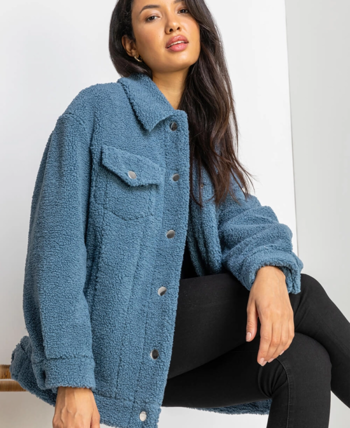 Women Teddy Trucker Sherpa Jacket Closeup